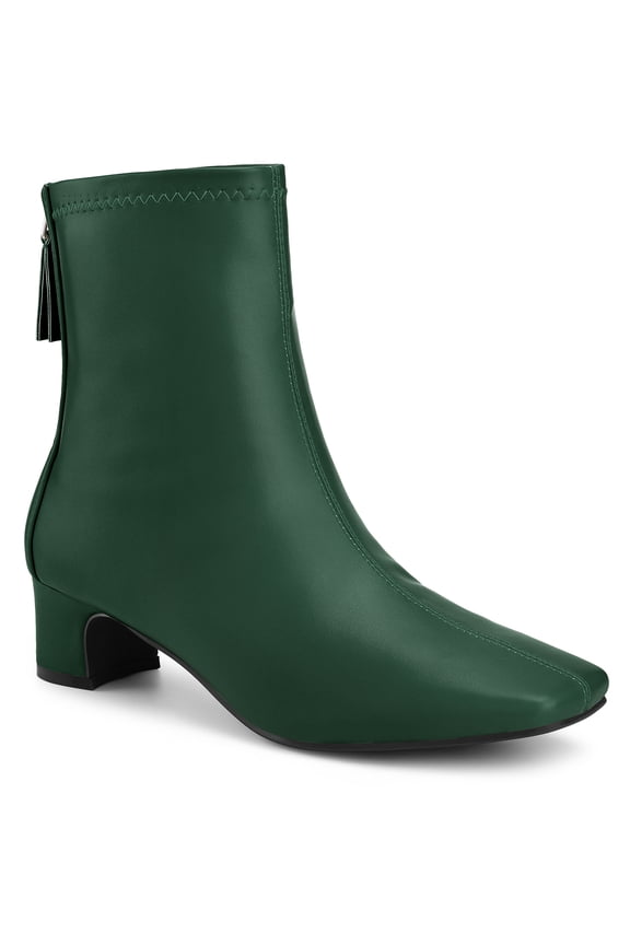 Women's Ankle Boots Faux Leather Square Toe Block Heel Zip Up Booties Dark Green 7.5