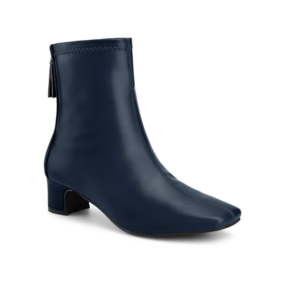BLISSFUL STEP Women's Ankle Boots Faux Leather Square Toe Block Heel Zip Up Booties Navy Blue 7
