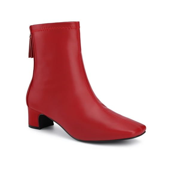 BLISSFUL STEP Women's Ankle Boots Faux Leather Square Toe Block Heel Zip Up Booties Red 5