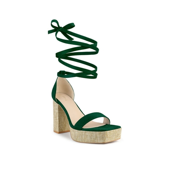 BLISSFUL STEP Women's Square Toe Lace Up Block High Heel Platform Sandals Emerald Green (Size 10)