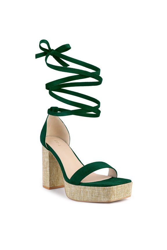 Women's Square Toe Lace Up Block High Heel Platform Sandals Emerald Green 8