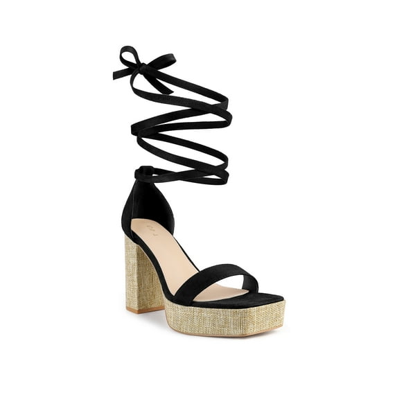 BLISSFUL STEP Women's Square Toe Lace Up Block High Heel Platform Sandals Black (Size 7)