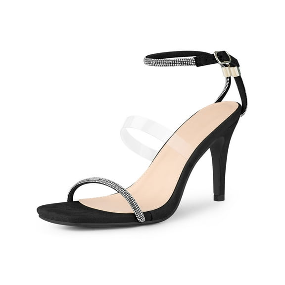 BLISSFUL STEP Women's Square Toe Rhines Adjustable Ankle Strap Stiletto Heels Sandal Black 7