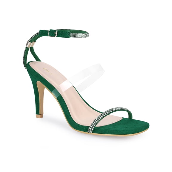 BLISSFUL STEP Women's Square Toe Rhines Adjustable Ankle Strap Stiletto Heels Sandal Green 7