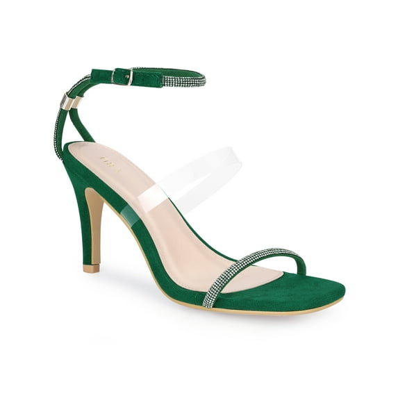BLISSFUL STEP Women's Square Toe Rhines Adjustable Ankle Strap Stiletto Heels Sandal Green 9