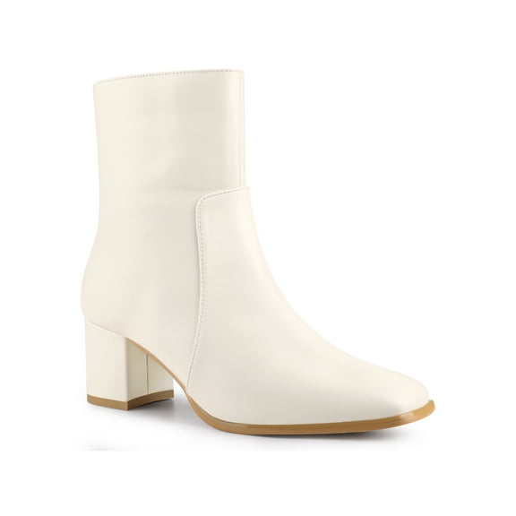 BLISSFUL STEP Women's Ankle Boots Square Toe Block Heel Side Zip Faux Leather Booties Cream 7