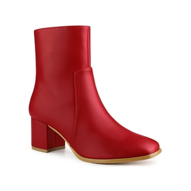 BLISSFUL STEP Women's Square Toe Side Zipper Block Heel Ankle Boots Red 7