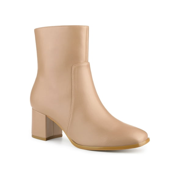BLISSFUL STEP Women's Ankle Boots Square Toe Block Heel Side Zip Faux Leather Booties Nude 7
