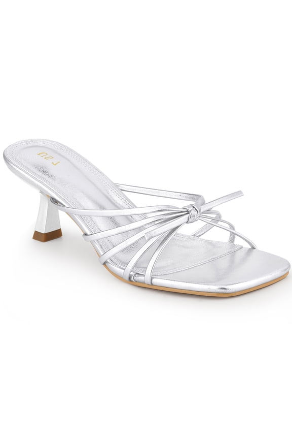 Women's Square Toe Strappy Strap Kitten Heels Slide Sandals Silver 11