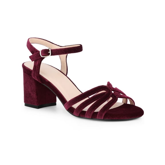 BLISSFUL STEP Women's Square Toe Velvet Slingback Block Heels Sandals Burgundy (Size 5.5)