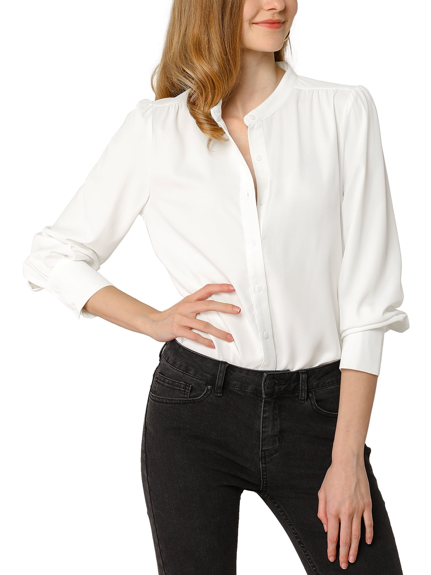 Allegra K Women's Stand Collar Button Down Long Sleeve Shirts - Walmart.com