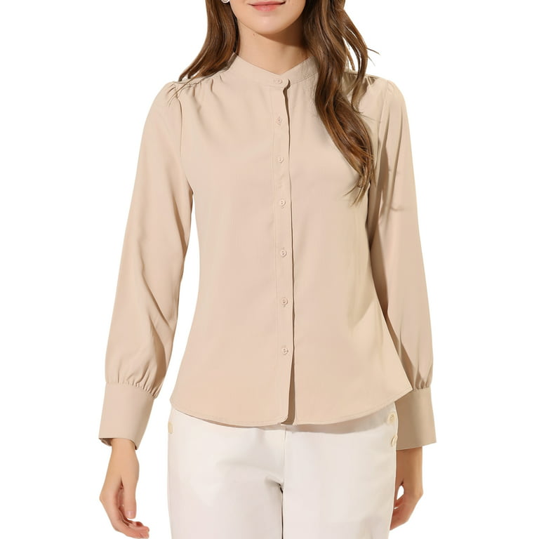 Allegra K Women's Stand Collar Button Down Long Sleeve Shirts 