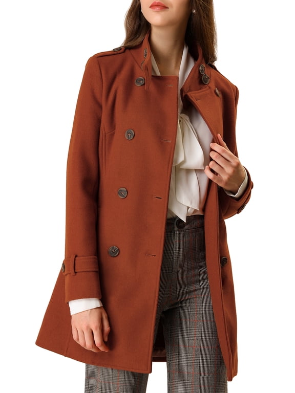 Women's Stand Collar Double Breasted Trench Coat Mid Length Winter Jacket with Belt & Pockets L Brown