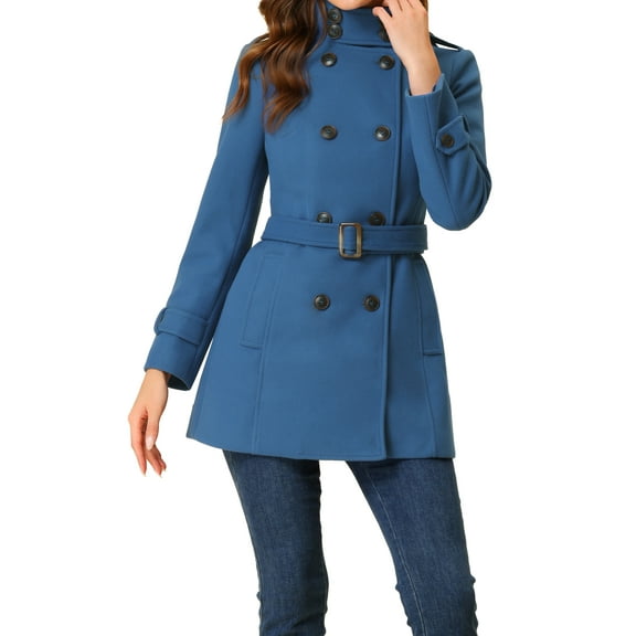 INSPIRE CHIC Women's Stand Collar Double Breasted Mid Length Winter Trenchcoat XL Dusty Blue