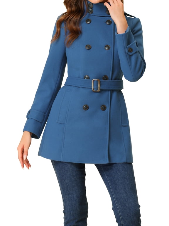 Women's Stand Collar Double Breasted Trench Coat Mid Length Winter Jacket with Belt & Pockets L Dusty Blue