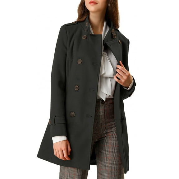 INSPIRE CHIC Women's Stand Collar Double Breasted Mid Length Winter Trenchcoat L Black