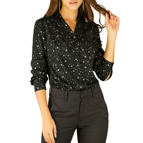 INSPIRE CHIC Women's Stand Collar Long Sleeve Metallic Stars Shirt 2XL Black