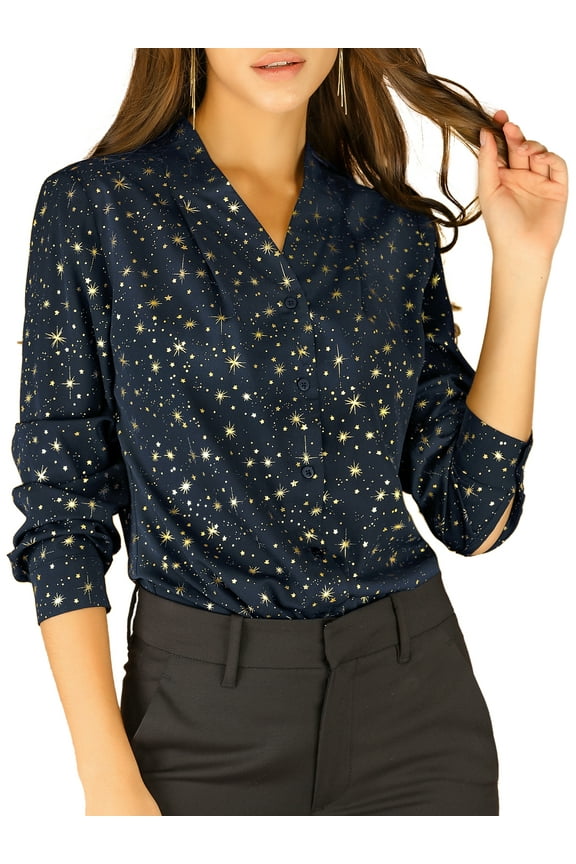 Women's Stand Collar Long Sleeve Metallic Stars Shirt M Dark Blue