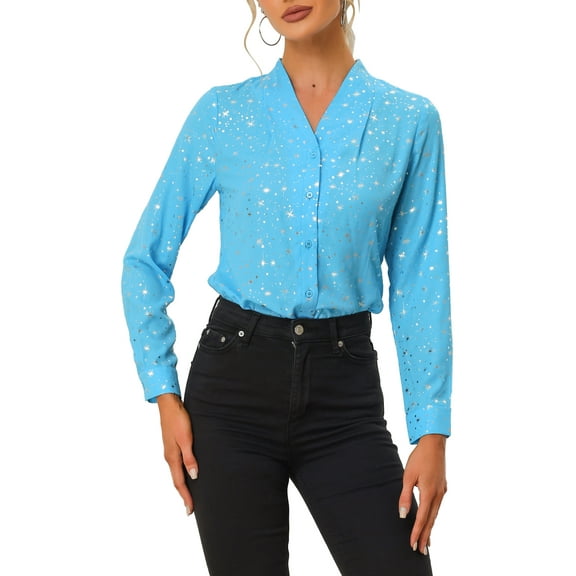 INSPIRE CHIC Women's Stand Collar Long Sleeve Metallic Stars Shirt XS Light Blue