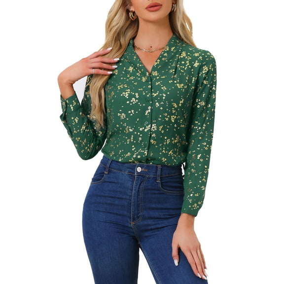 INSPIRE CHIC Women's Stand Collar Long Sleeve Metallic Stars Shirt XS Green-Floral