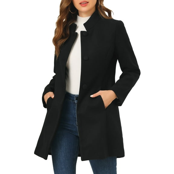 INSPIRE CHIC Women's Coat Mid Length Stand Collar Single Breasted Winter Outerwear Overcoat Black 2XL
