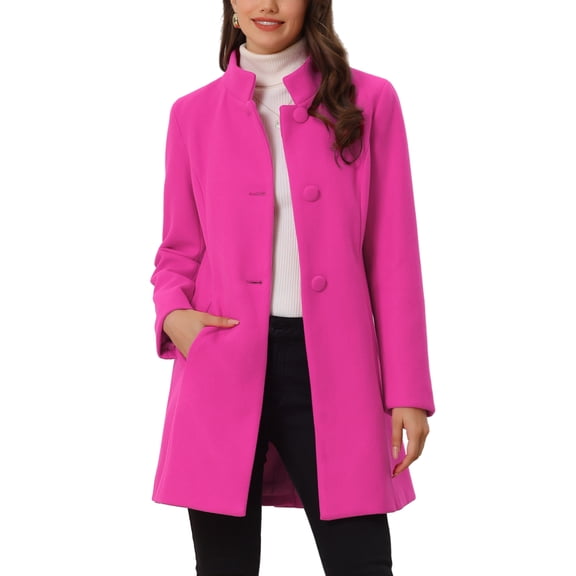 INSPIRE CHIC Women's Mid-Length Stand Collar Coat Single Breasted Winter Overcoat with Slant Pockets & Full Lining Hot Pink L