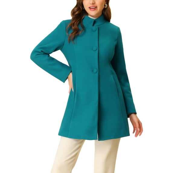 INSPIRE CHIC Women's Coat Mid Length Stand Collar Single Breasted Winter Outerwear Overcoat L Lake Blue