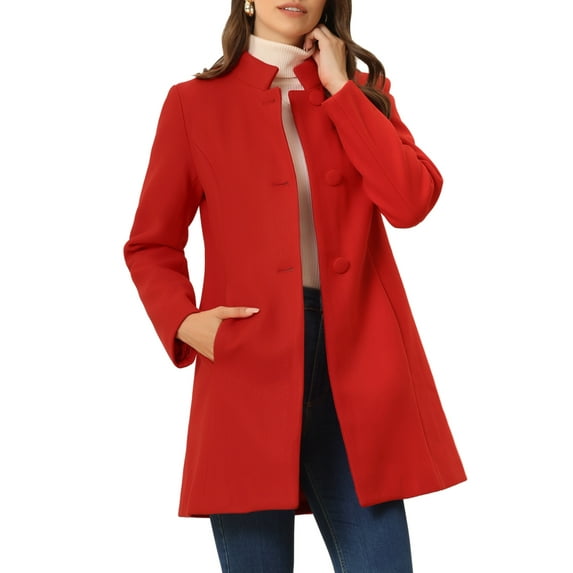 INSPIRE CHIC Women's Coat Mid Length Stand Collar Single Breasted Winter Outerwear Overcoat M Bright Red