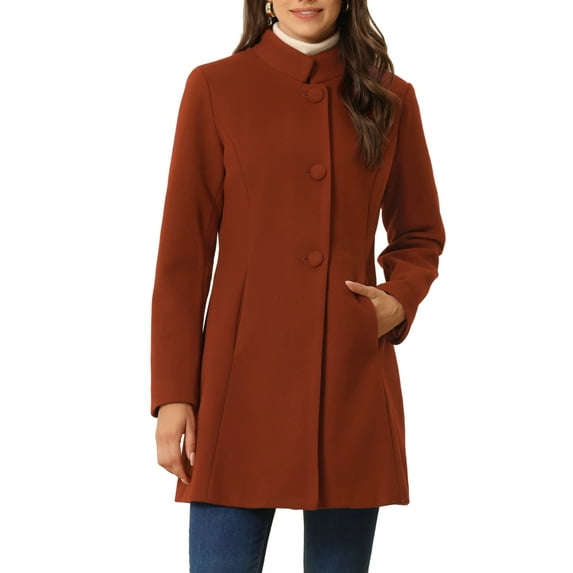 INSPIRE CHIC Women's Coat Mid Length Stand Collar Single Breasted Winter Outerwear Overcoat M Brown Red