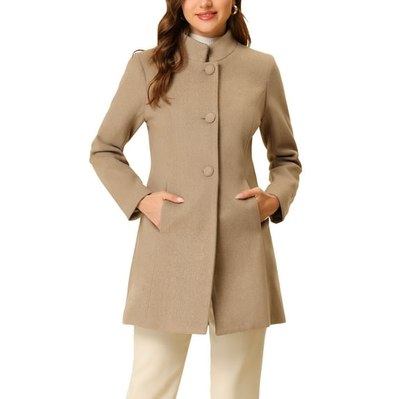 INSPIRE CHIC Women's Coat Mid Length Stand Collar Single Breasted Winter Outerwear Overcoat M Light Brown