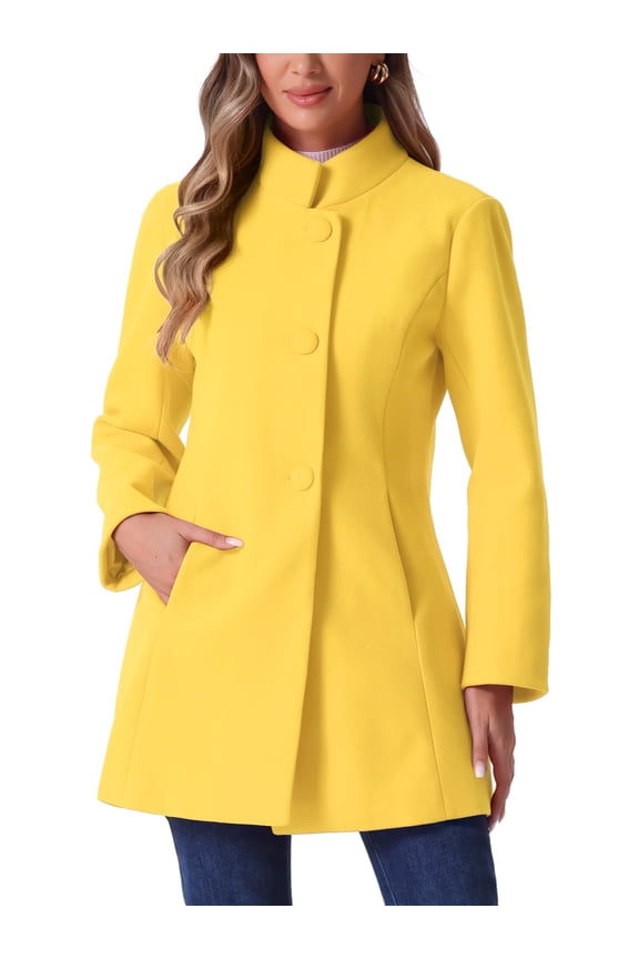 Women's Coat Mid Length Stand Collar Single Breasted Winter Outerwear Overcoat M Yellow