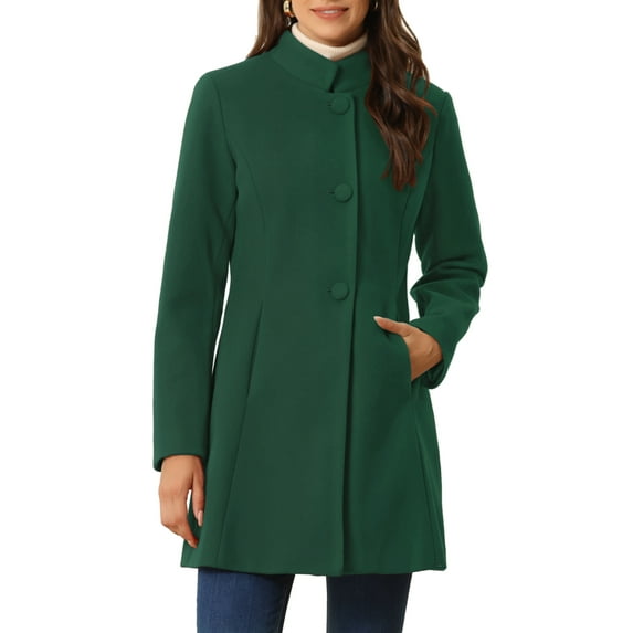 INSPIRE CHIC Women's Coat Mid Length Stand Collar Single Breasted Winter Outerwear Overcoat S Deep Green