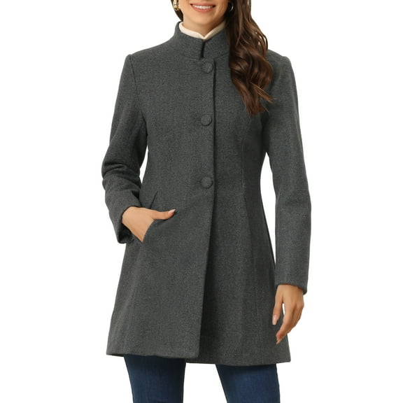 INSPIRE CHIC Women's Coat Mid Length Stand Collar Single Breasted Winter Outerwear Overcoat S Deep Grey