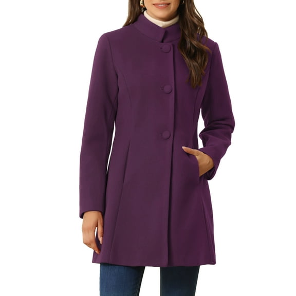 INSPIRE CHIC Women's Coat Mid Length Stand Collar Single Breasted Winter Outerwear Overcoat S Deep Purple