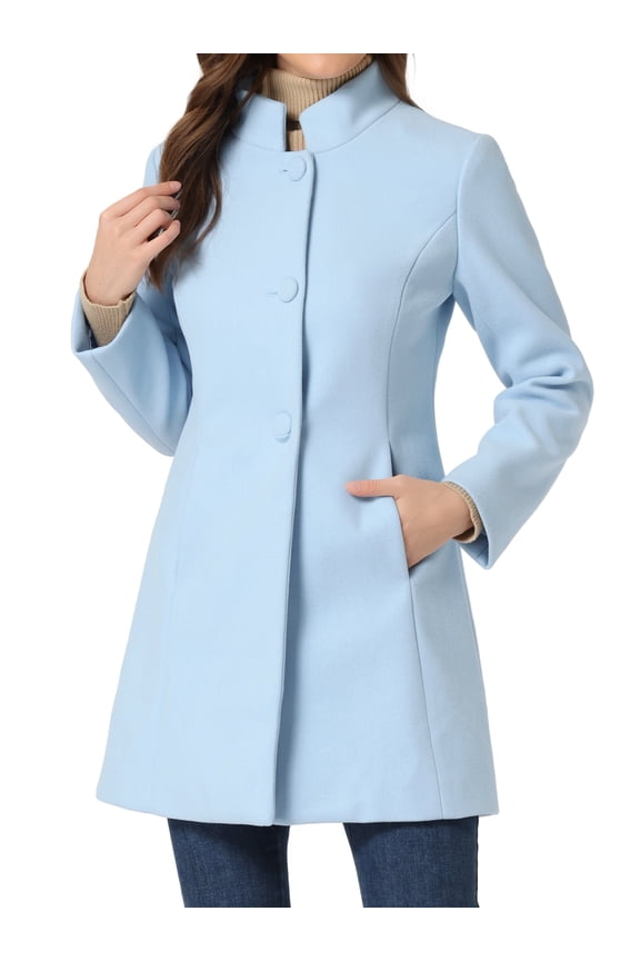 Women's Coat Mid Length Stand Collar Single Breasted Winter Outerwear Overcoat Light Blue S