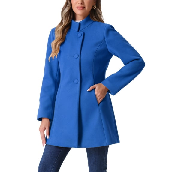 INSPIRE CHIC Women's Coat Mid Length Stand Collar Single Breasted Winter Outerwear Overcoat Sea Blue S
