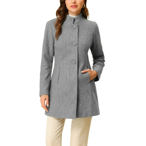 INSPIRE CHIC Women's Coat Mid Length Stand Collar Single Breasted Winter Outerwear Overcoat XL Grey