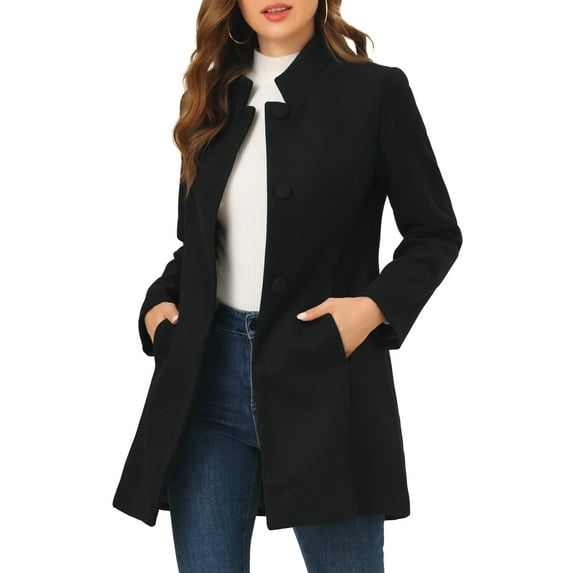 INSPIRE CHIC Women's Coat Mid Length Stand Collar Single Breasted Winter Outerwear Overcoat Black XS
