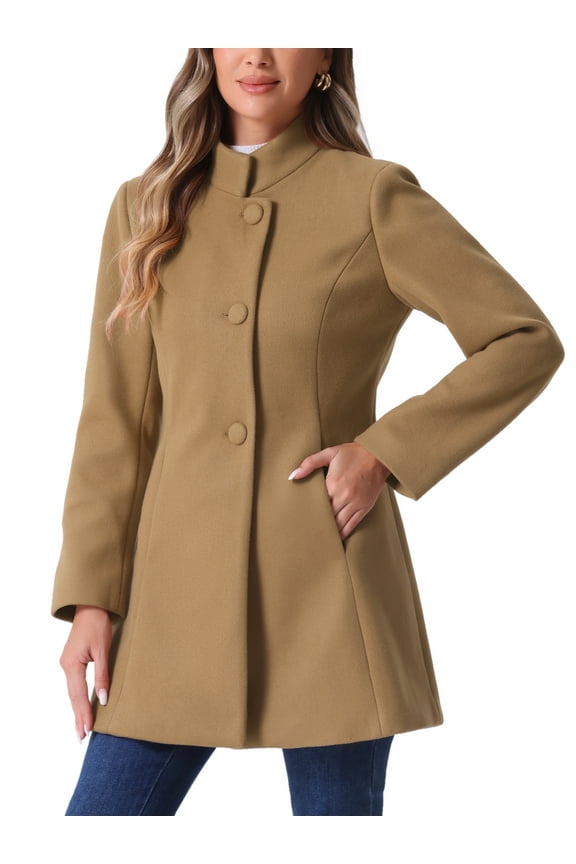 Women's Coat Mid Length Stand Collar Single Breasted Winter Outerwear Overcoat XS Camel