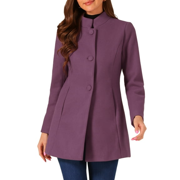 INSPIRE CHIC Women's Coat Mid Length Stand Collar Single Breasted Winter Outerwear Overcoat XS Grey Purple