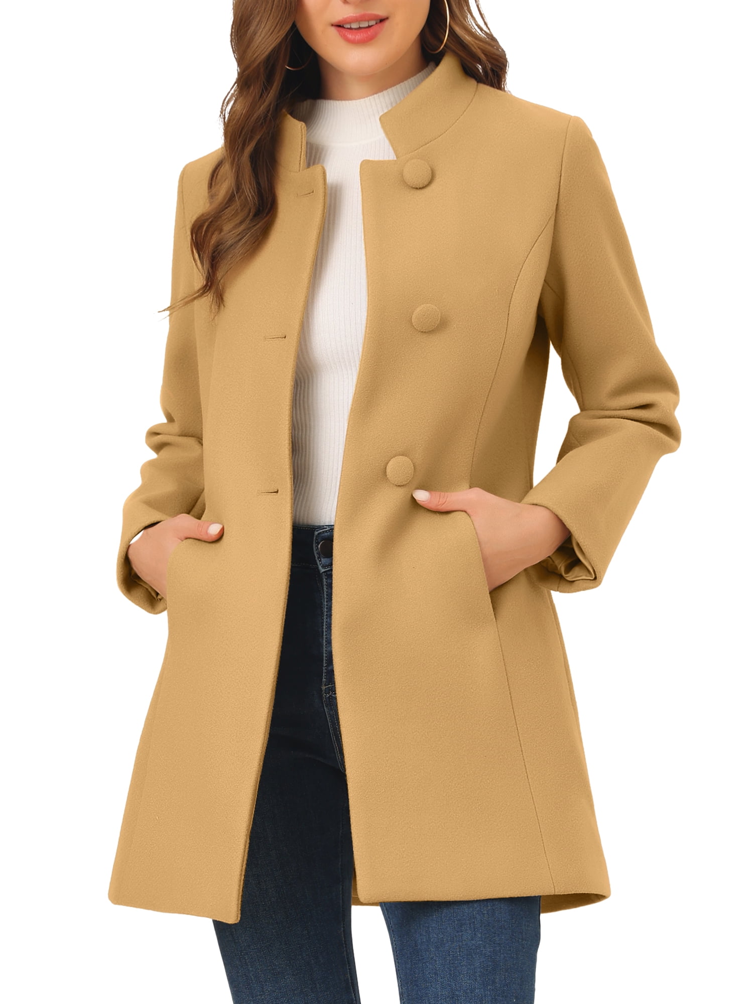 Wool Coats For Women Allegra K Women's Winter Overcoat Mid-Long Stand Collar Single Breasted Coat Outerwear Beige XL Who Sells