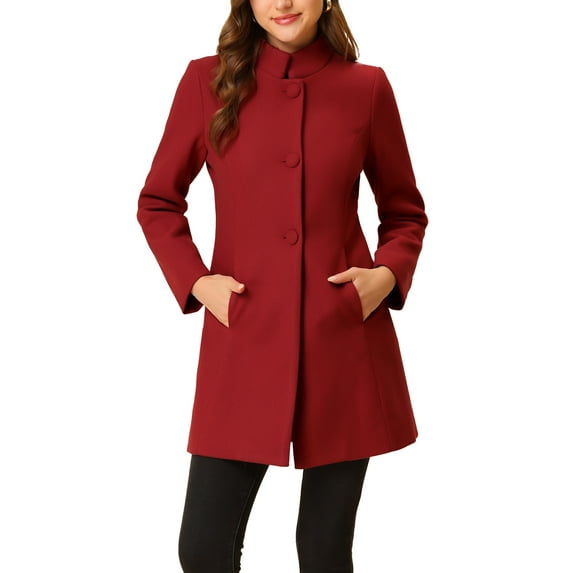INSPIRE CHIC Women's Coat Mid Length Stand Collar Single Breasted Winter Outerwear Overcoat XS Red