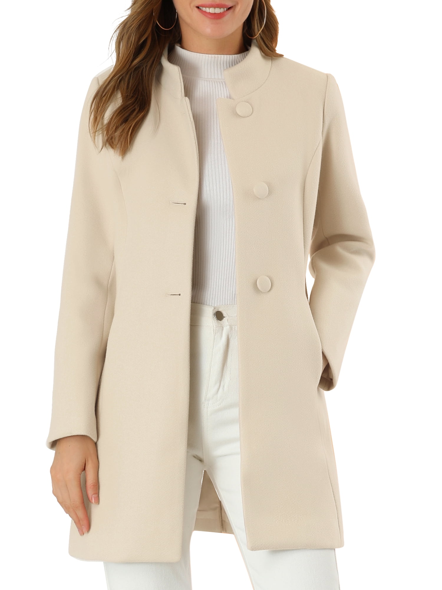 Women's Winter Overcoat Mid Length Stand Collar Single Breasted Outerwear Coat S Beige