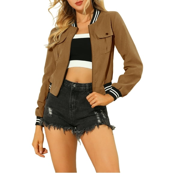 INSPIRE CHIC Women's Jacket Stand Collar Long Sleeve Zip up Flap Pocket Bomber Jacket S Brown