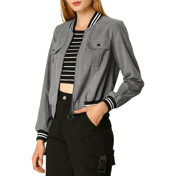 INSPIRE CHIC Women's Jacket Stand Collar Long Sleeve Zip up Flap Pocket Bomber Jacket XS Grey