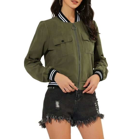 INSPIRE CHIC Women's Jacket Stand Collar Long Sleeve Zip up Flap Pocket Bomber Jacket XS Olive Green