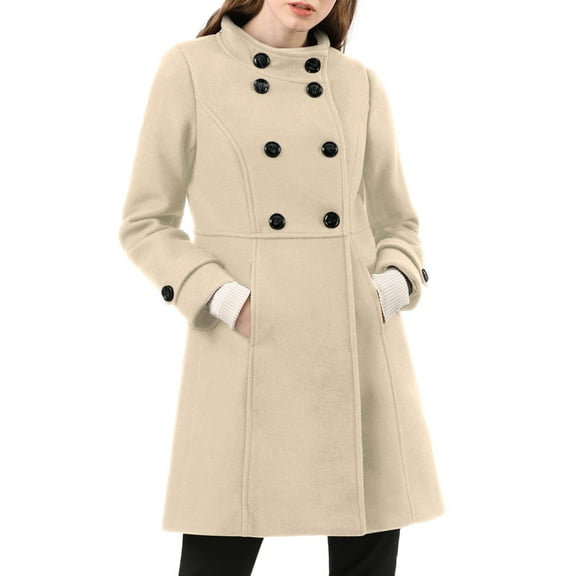 INSPIRE CHIC Women's Coat Double Breasted Midi Length Stand Collar Long Sleeve Coat M Cream White