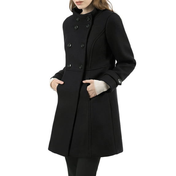 INSPIRE CHIC Women's Coat Double Breasted Midi Length Stand Collar Long Sleeve Coat M Black