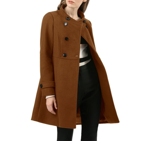 INSPIRE CHIC Women's Coat Double Breasted Midi Length Stand Collar Long Sleeve Coat L Deep Brown