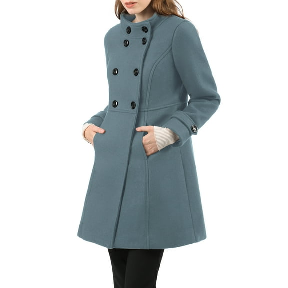 INSPIRE CHIC Women's Coat Double Breasted Midi Length Stand Collar Long Sleeve Coat S Oxford Blue